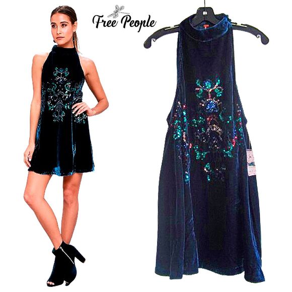 FREE PEOPLE NEW JILL Halter Embellished-Sequin Velour Swing Dress XS - Picture 1 of 12